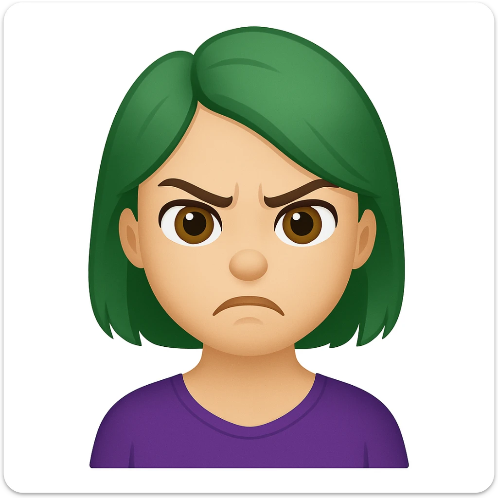 Edit the image of a girl with green hair and angry expression to have hazel eyes and nude lipstick in an emoji style. sticker