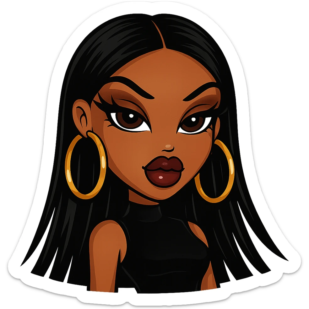 Bratz-inspired baddie with sleek black hair, brown skin, bold makeup, dark brown eyes, large gold hoop earrings sticker