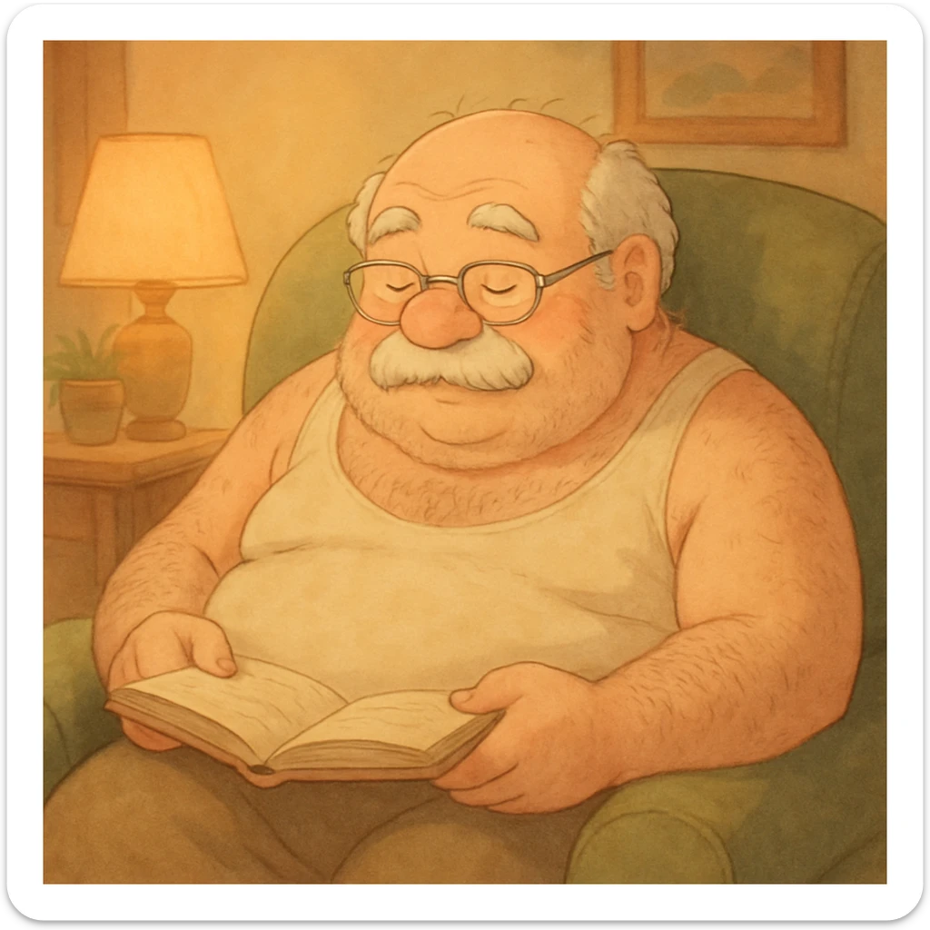 an elderly fat hairy grandpa, sitting in an armchair, reading glasses on, soft pastel ghibli-inspired style sticker