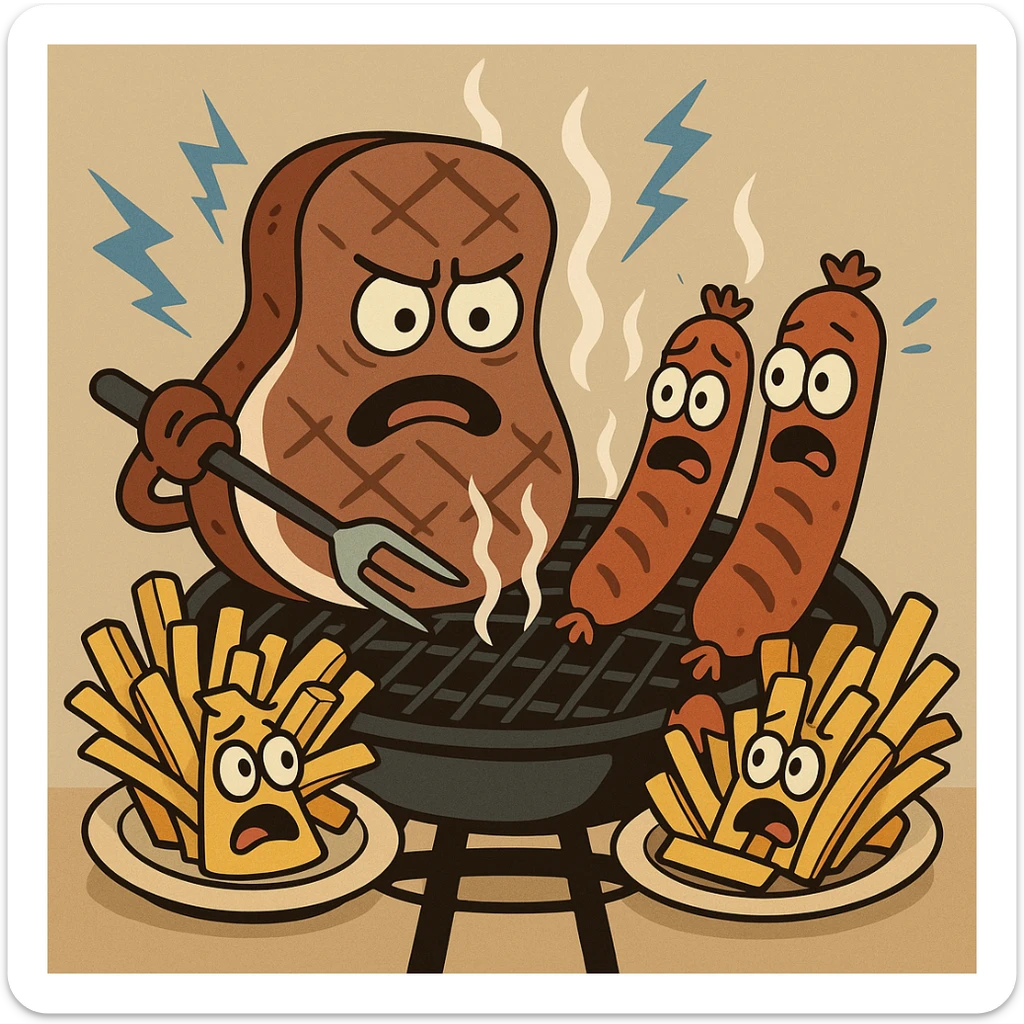 beef sirloin steak sausages on a bbq french fries potato plates   sticker