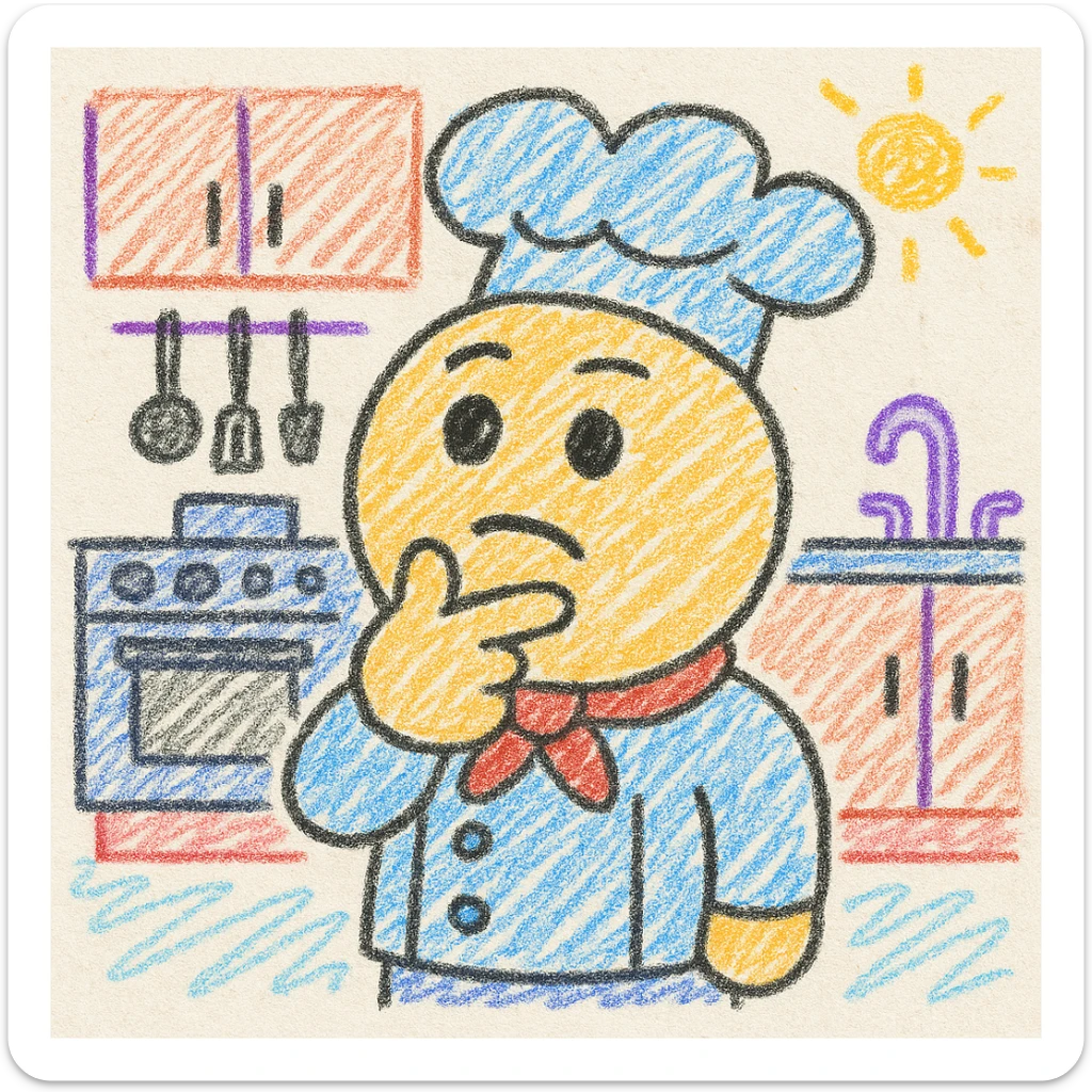 Convert to a children's doodle style emoji, cute and round style, thinking expression, simple kitchen background. sticker