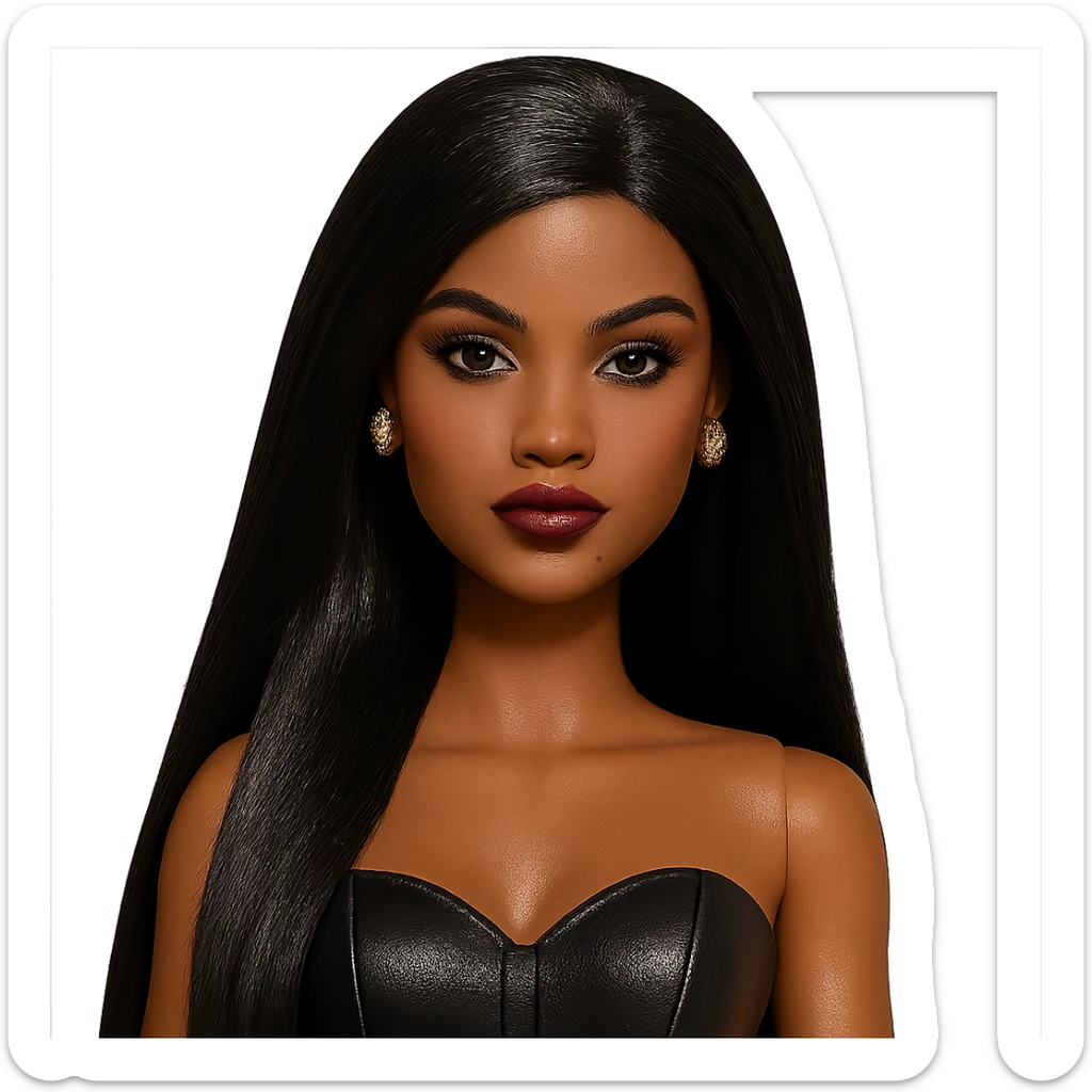 stylish Barbie doll baddie, straight black hair, brown skin, glamorous makeup, dark brown eyes, gold stud earrings sticker