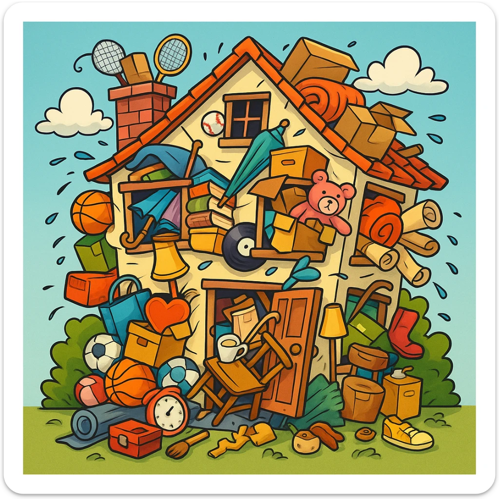 a cartoon house bursting at the seams with clutter, items spilling out of windows and doors, representing hoarding, colorful, cartoon style sticker