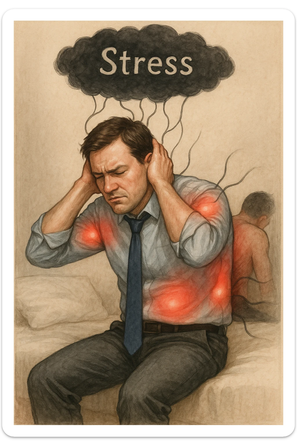 Uomo tra i 30 e i 40 anni in abiti da ufficio, seduto su una sedia o sul letto, con mani sul collo o sulla testa, visibilmente stressato. Attorno al corpo si vedono aree evidenziate di dolore (spalle, stomaco, schiena) rappresentate da leggere sfumature rosse o pulsanti. Sopra la sua testa, una nuvola scura con la parola 'Stress' scritta dentro, collegata al corpo con fili o nervi tesi. L'espressione dell’uomo è di frustrazione ma anche convinzione: crede che sia solo lo stress. Stile realistico con accenti simbolici psicofisici sticker