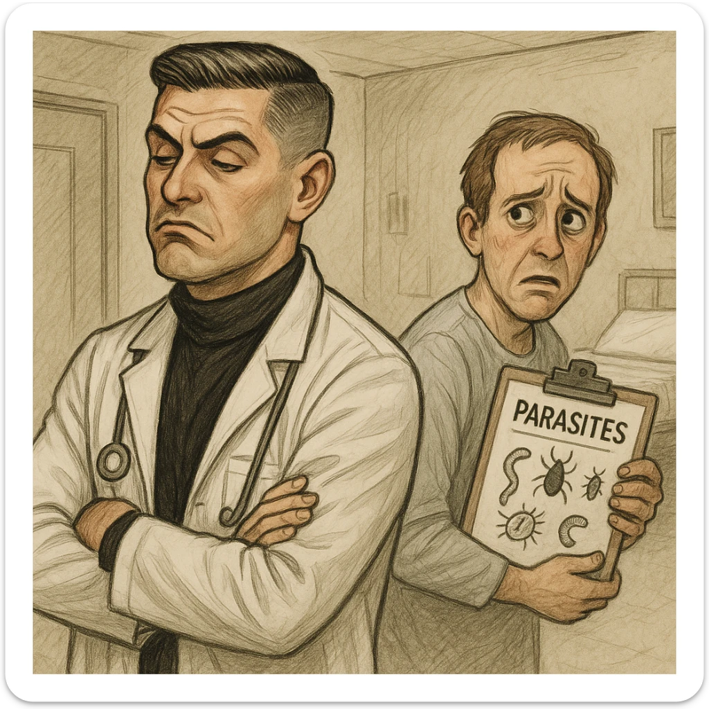 Create a semi-realistic or expressive style image of a male doctor inspired by the reference image, wearing a white coat. The doctor is turning away from a patient holding a chart with parasites, showing an indifferent or dismissive face. The patient looks concerned. The setting is clinical. The mood is ironic and critical. sticker
