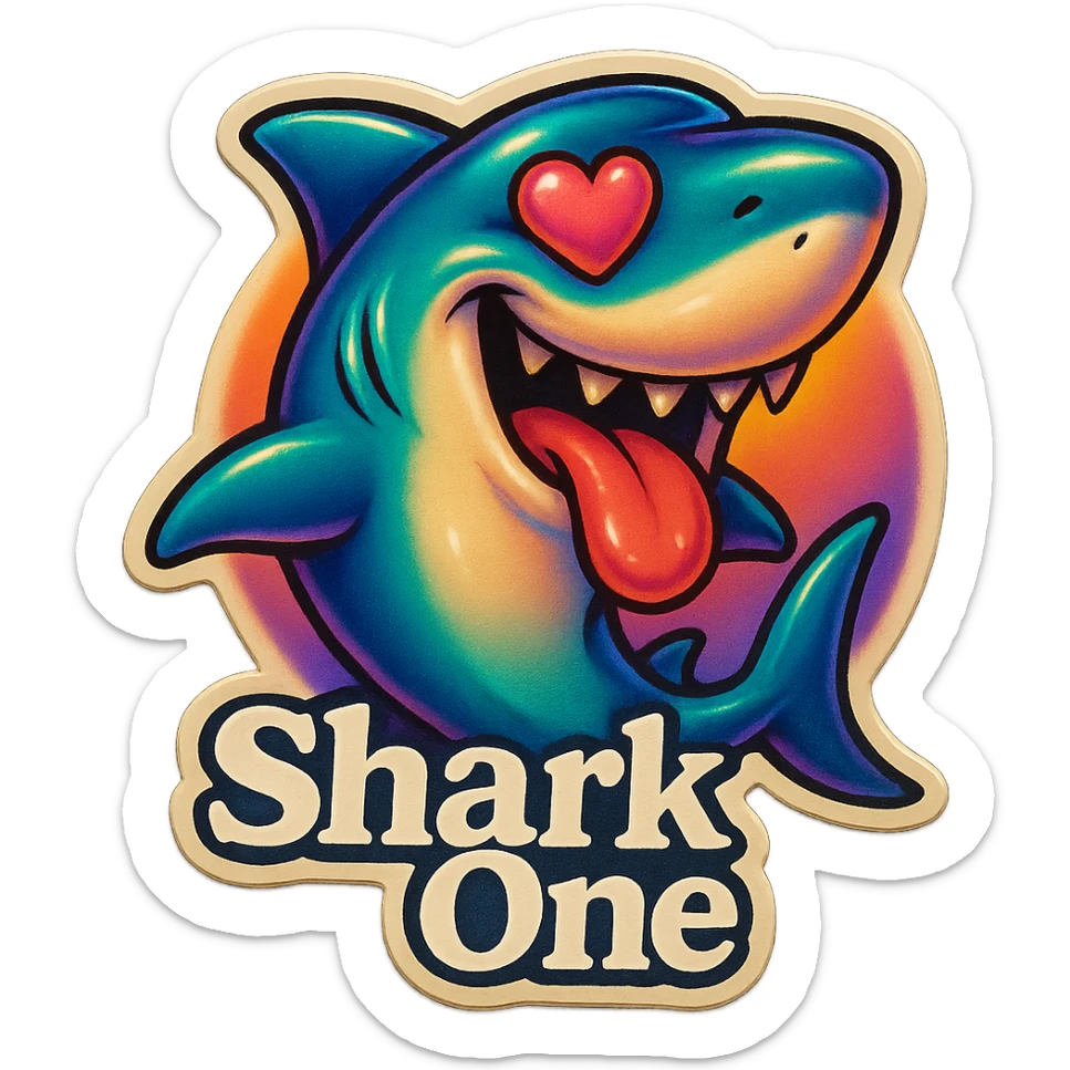 mouth open with tongue out heart shaped eye add the words “ Shark One " in White sticker