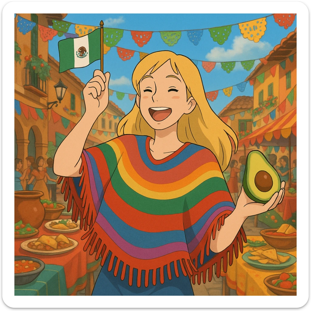 cartoon of a tall blonde woman in a colorful poncho, smiling, holding a taco and avocado, waving a Mexico flag, dancing in a festive street party background with food and decorations sticker