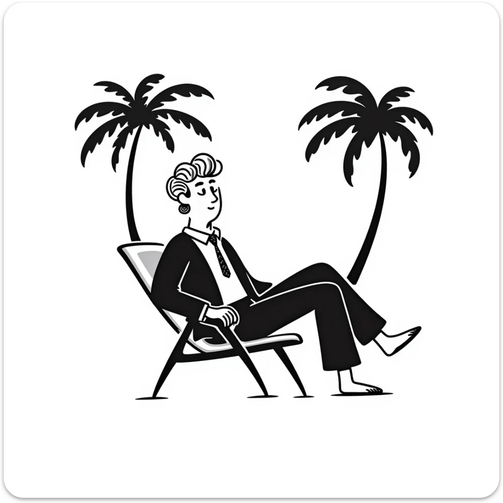 hand-drawn blonde man in business suit sitting on beach chair with palm trees, on vacation sticker