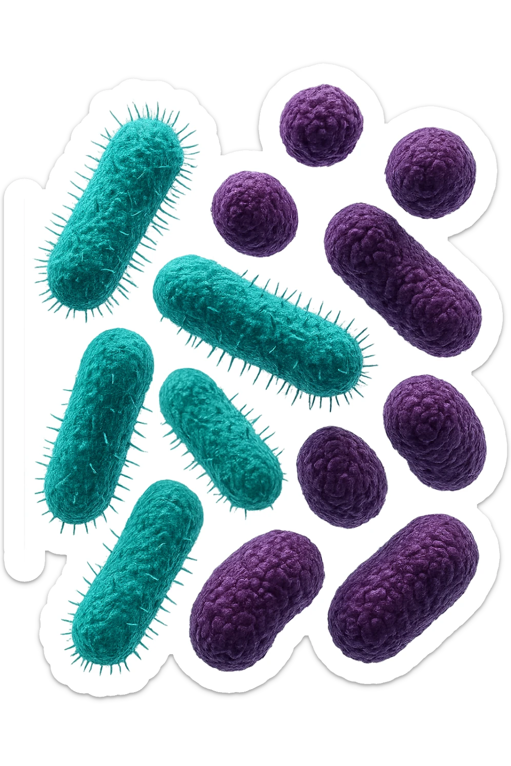 5 BATTERI BUONI E 5 BATTERI CATTIVI FLUTTUANO IN ARIA, I BATTERI BUONI FALLI TURCHESI, I BATTERI CATTIVI FALLI VIOLA, IPERREALISTICO 4K, NON DISEGNATO sticker