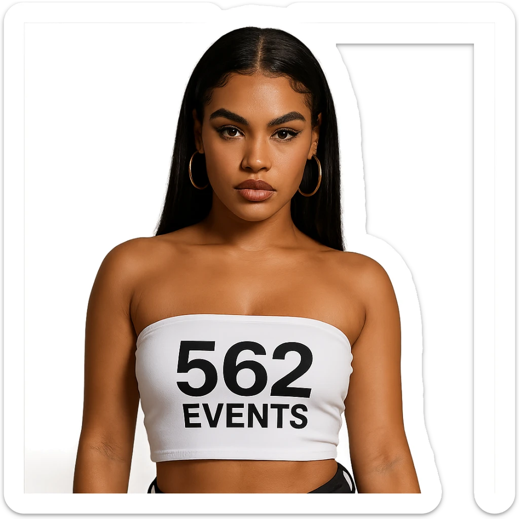realistic baddie, mixed-race Caucasian and African American, in a white tube top with '562 Events' written on it sticker