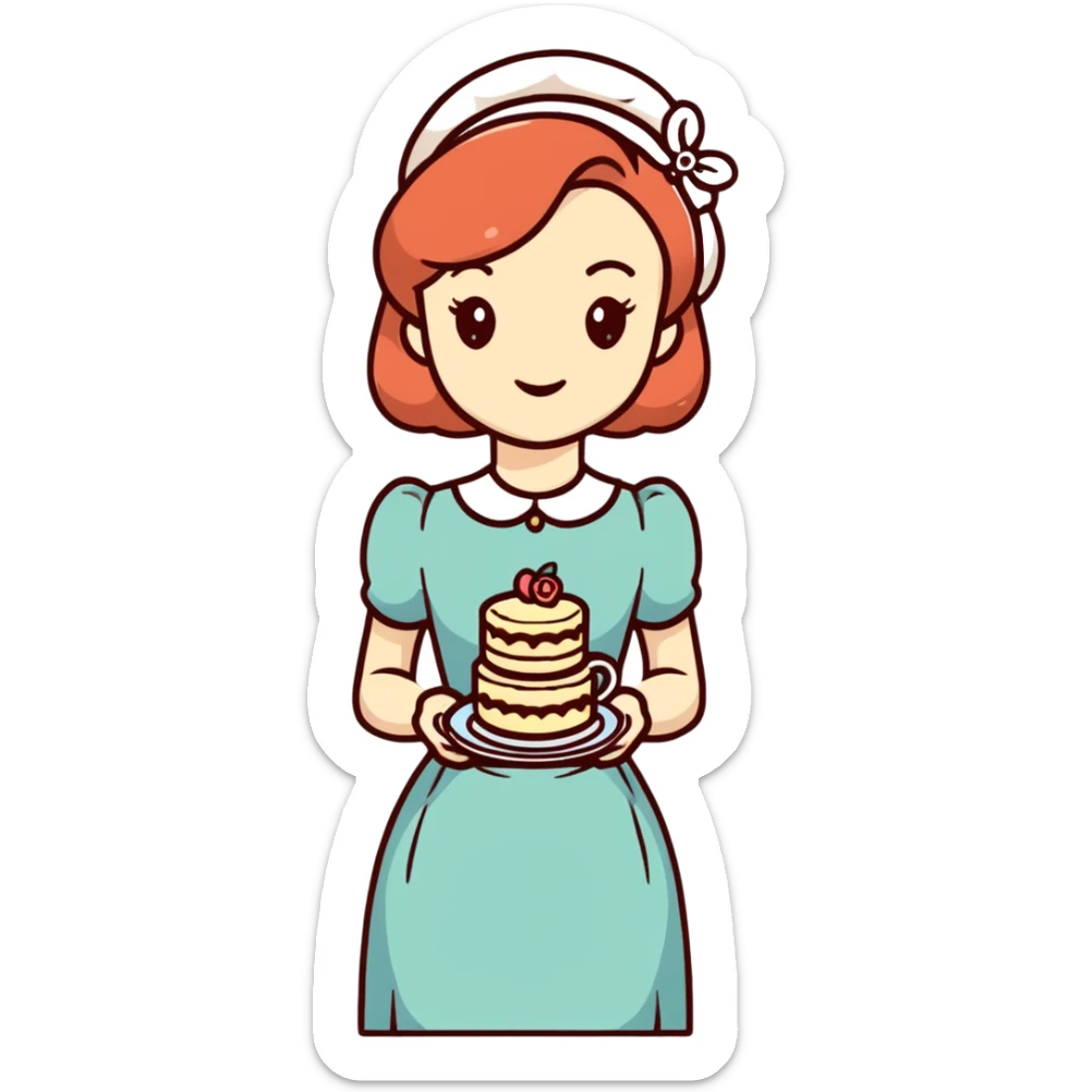 Charming British girl in vintage dress having afternoon tea with fancy teacup, scones and cake stand sticker