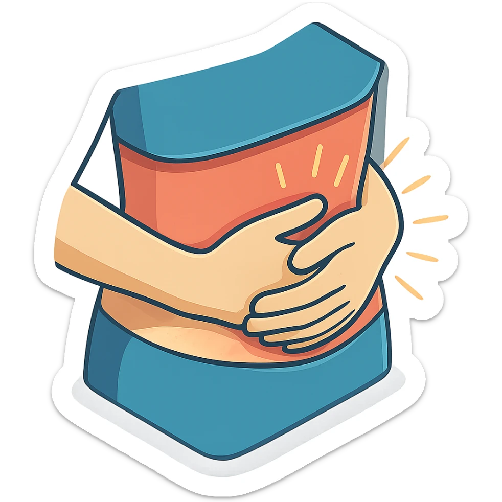 extreme close-up of a person's stomach with hands overlapping and pressing firmly, showing pain, only the stomach and hands, no face, 2D isometric illustration style sticker