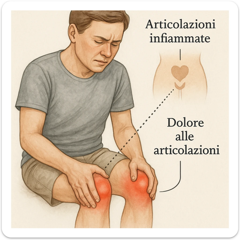 realistic medical illustration of a person with joint pain, holding knees or hands, showing visual connection to inflamed intimate areas using discreet symbols or shading, educational and respectful style, with Italian labels, no explicit details sticker
