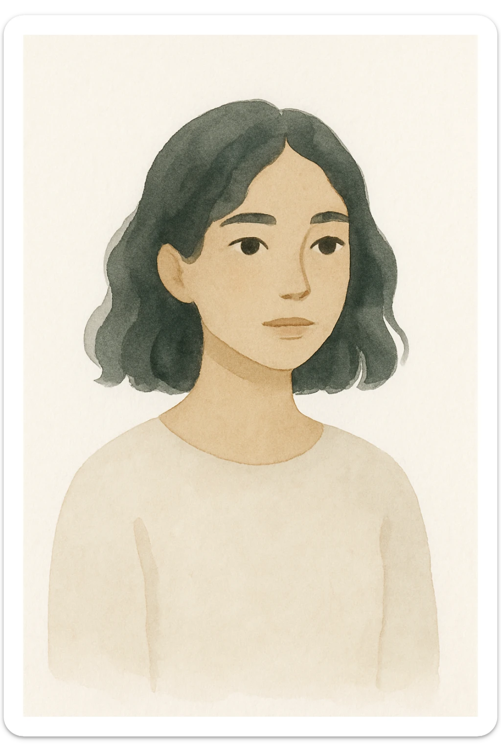 a girl with olive skin, black wavy shoulder-length hair, and dark brown eyes, in a soft illustration style sticker