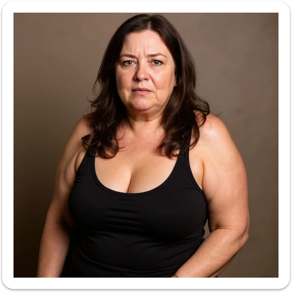 Make the image more realistic inspired by the reference photo: a woman with a lot of cellulite, visible face with a desperate and tired expression, identical pose to the photo, very detailed skin and shadows, neutral background. sticker