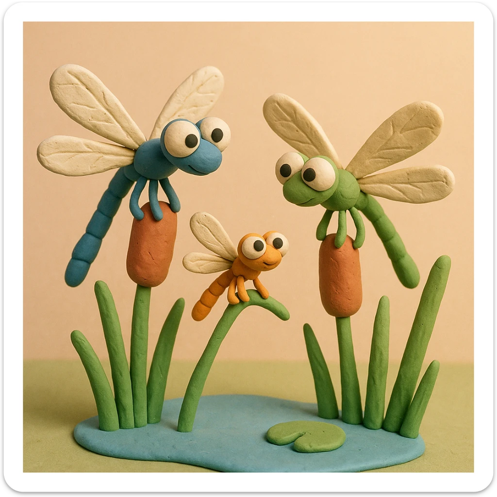 claymation style dragonfly family resting on reeds by a pond, parents and baby dragonflies, pastel background sticker