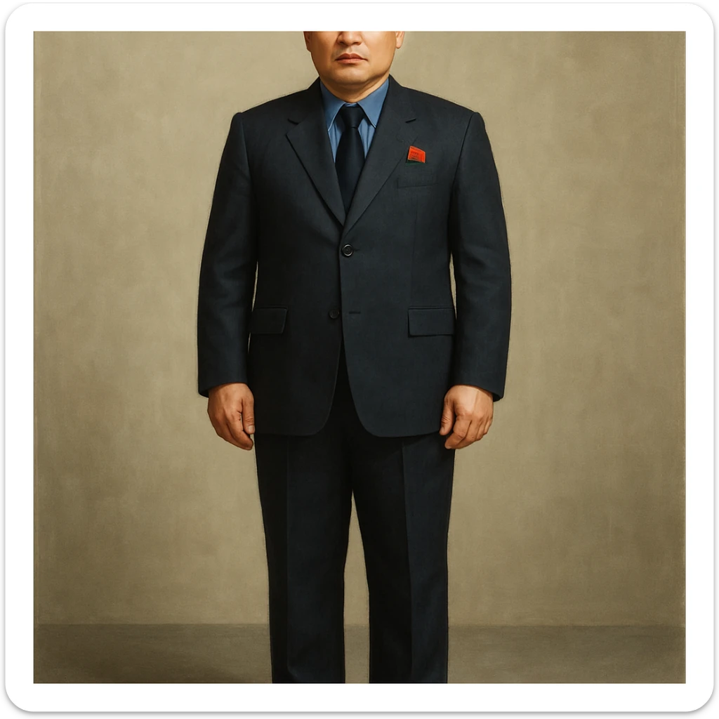 Official portrait of a North Korean man, head of the hull production workshop at a shipyard, serious and formal style, dark suit, neutral background, confident and focused expression, style inspired by Soviet and North Korean official portraits, full body, not cropped, head not cut off, head and feet fully in frame, variation 3 sticker