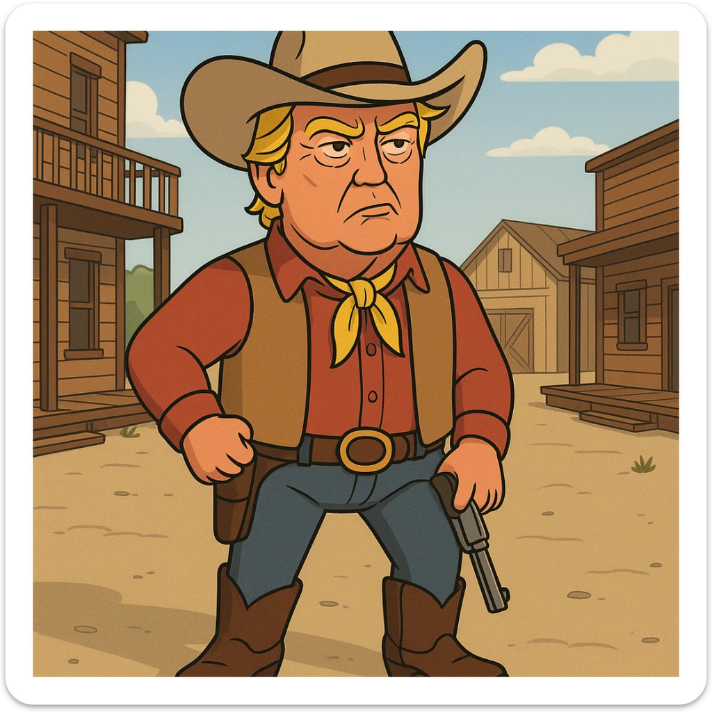 Donald Trump dressed as a cowboy, wearing a cowboy hat and boots, in a western setting, detailed facial features, vibrant colors, cartoon style sticker