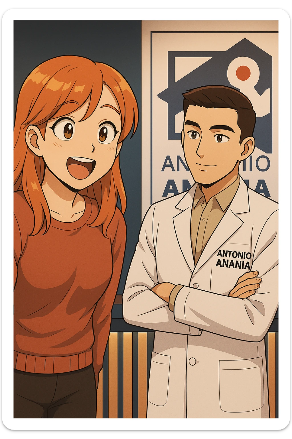 su questo stile fai un manga/webtoon a colori in cui C'è UNA STRISCIA CON FOCUS SUL VOLTO DELLA donna CON ESPRESSIONE DI STUPORE CHE ESCLAMA UNA COSA FELICE, MENTRE NELLA STRISCIA A DESTRA SI VEDE, l'uomo della foto in stile manga LE SPIEGA CHE DEVE PROVARE LA SUA VALUTAZIONE MEDICA, mantieni un ambiente simile alla foto che ho allegato con il suo logo (sarebbe il suo studio, lui è un kinesiologo), scrivigli "ANTONIO ANANIA" sul camice bianco, non mettere fumetti, ma fai in modo che sembri che la donna CHIEDA E  l'uomo RISPONDA sticker