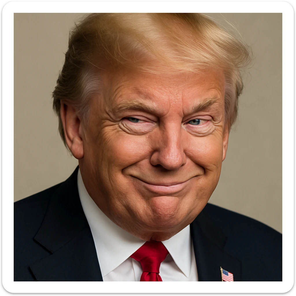 Enhance photorealism and vividness even further, keeping the very sly, cunning expression on Donald Trump's face, plain background, and a polished, high-quality finish in photorealistic style. sticker