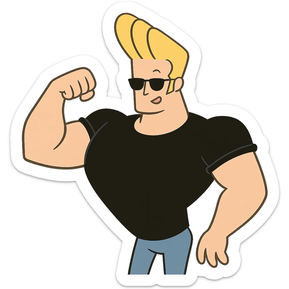 Johnny Bravo character, muscular man with blonde hair, sunglasses, black shirt, cartoon style sticker
