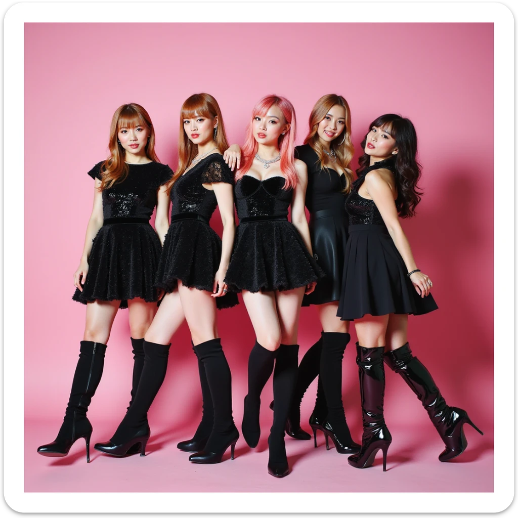 photorealistic Blackpink album cover, K-pop group, pink and black, bold and glamorous sticker