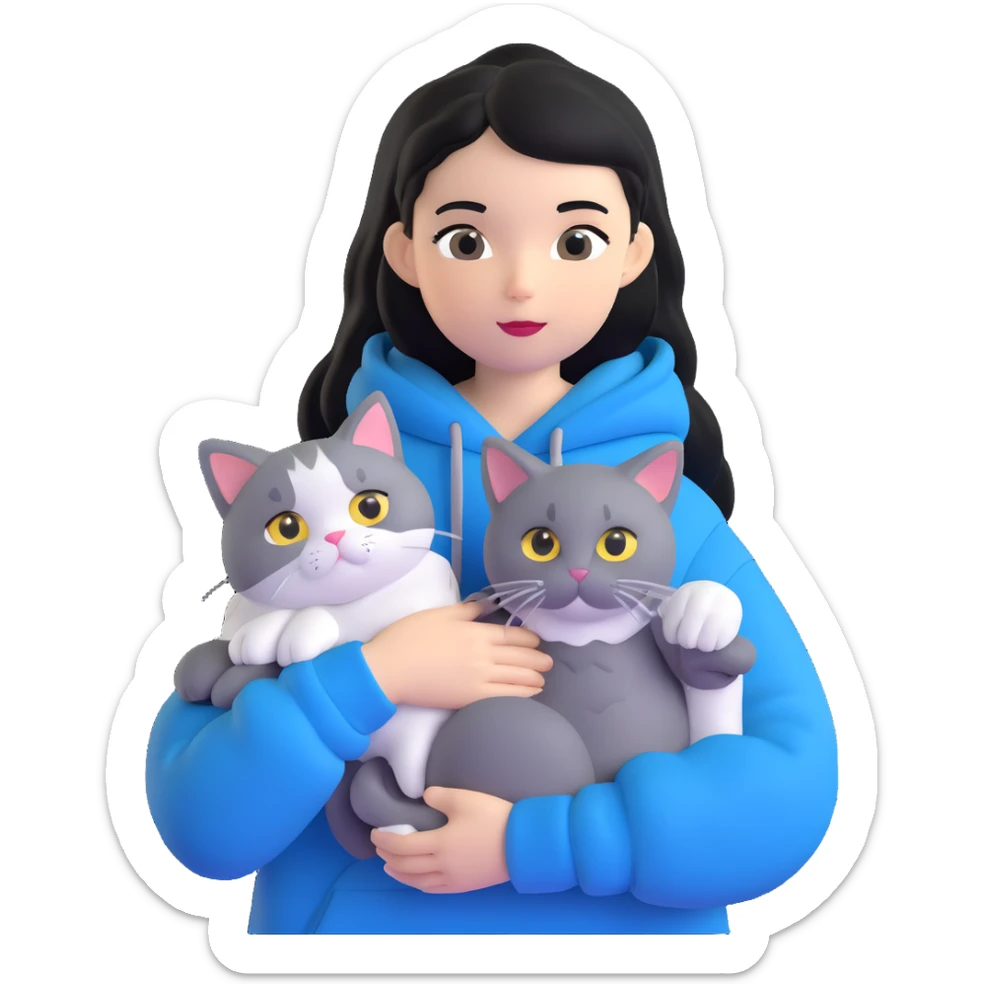 Girl with black hair in gray hoodie with a British shorthair blue and white cat and a long-haired blue and white cat sticker