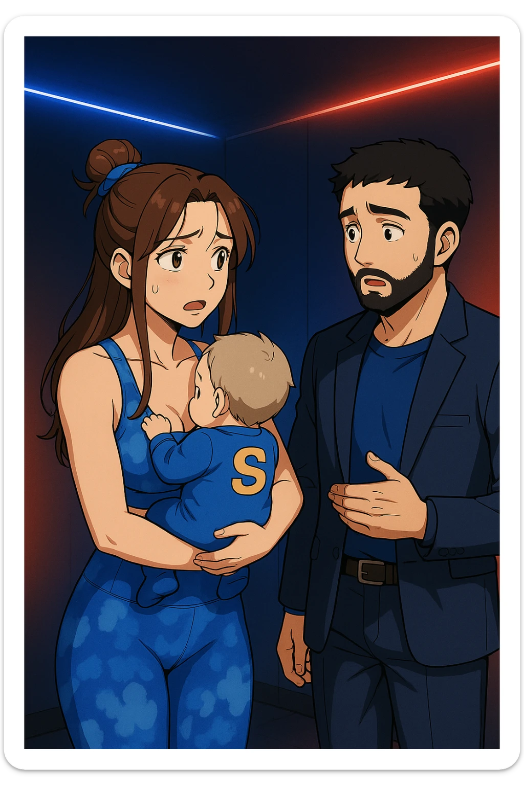 ispirati a questo stile di disegno e fai questa immagine in versione manga/webtoon a colori, il manga mostra la donna preoccupata con un neonato in braccio con una tutina azzurra e la scritta "S" sulla schiena, la donna gli sta facendo una domanda all'uomo, ma non fare i fumetti, fai come se stessero parlando sticker