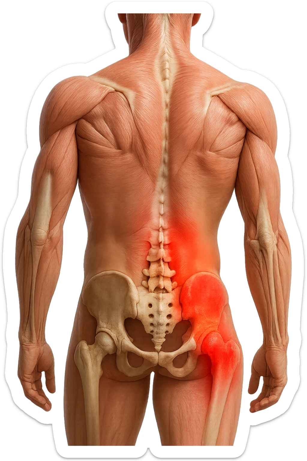 CORPO UMANO ANATOMICO REALISTICO DI SPALLE CON DOLORE ALLA LOMBARE INFIAMMATA, DOLORE ALL'ANCA, IPERREALISTICO 4K sticker