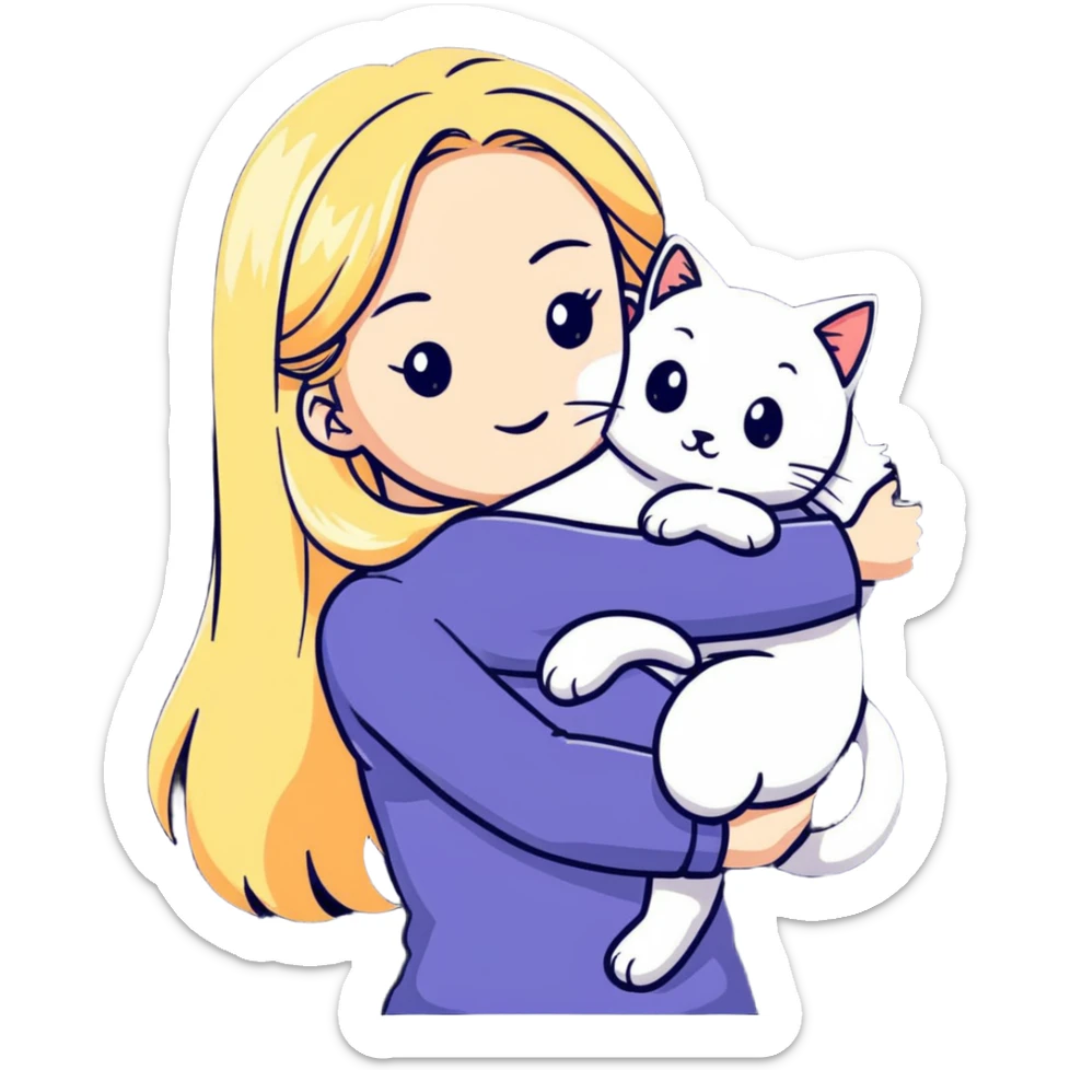 pretty woman with pale skin, very long blonde hair hugging a cat sticker