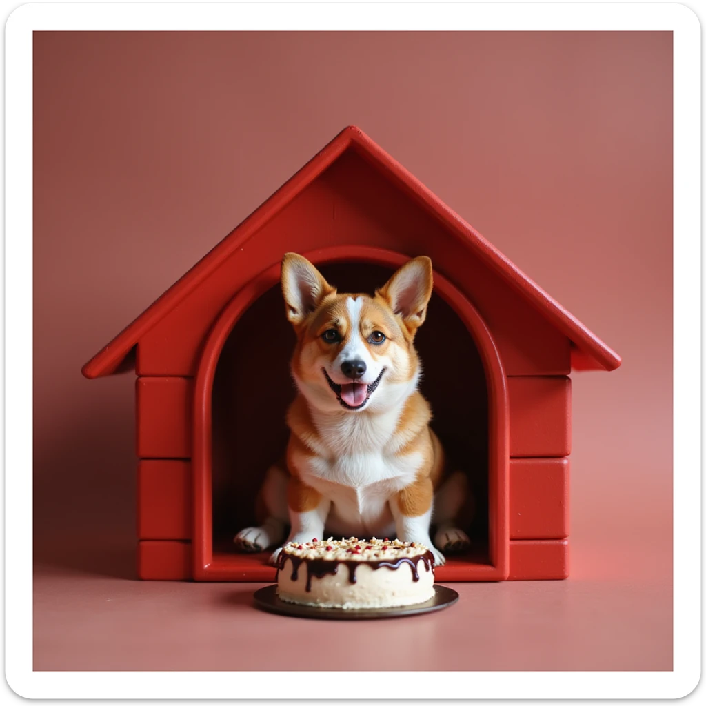 realistic red dog house with a Corgi dog inside, Corgi with a birthday cake, photorealistic style sticker