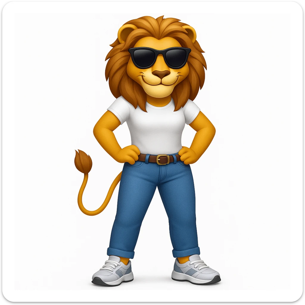 Add trainers (athletic shoes) to the friendly anthropomorphised female lion character, full body, standing confidently with legs shoulder width apart and hands on hips, wearing jeans, a white t-shirt, and dark sunglasses, with a confident smile in Apple emoji style sticker