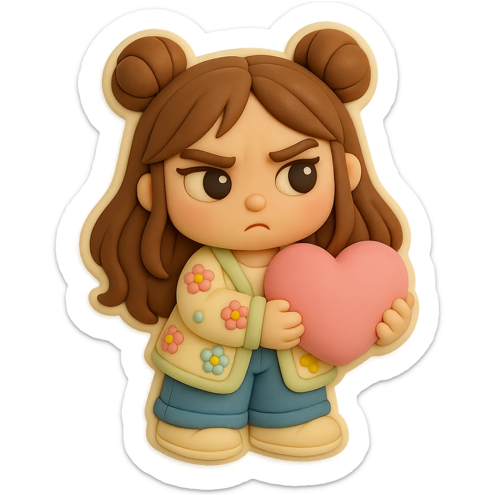 3D chibi fondant cake art style, high-quality rendering with smooth shadows and soft gradients. Girl based on reference image preserving facial features and eye shape exactly as in the reference. Long brown hair in two space buns, brown eyes, jeans, pastel floral cardigan, shoes. Thick white outline like a sticker, transparent background. Holding a big soft pink heart in her hands. Ensure the face, hairstyle, eye shape, and shoes match the reference exactly. sticker