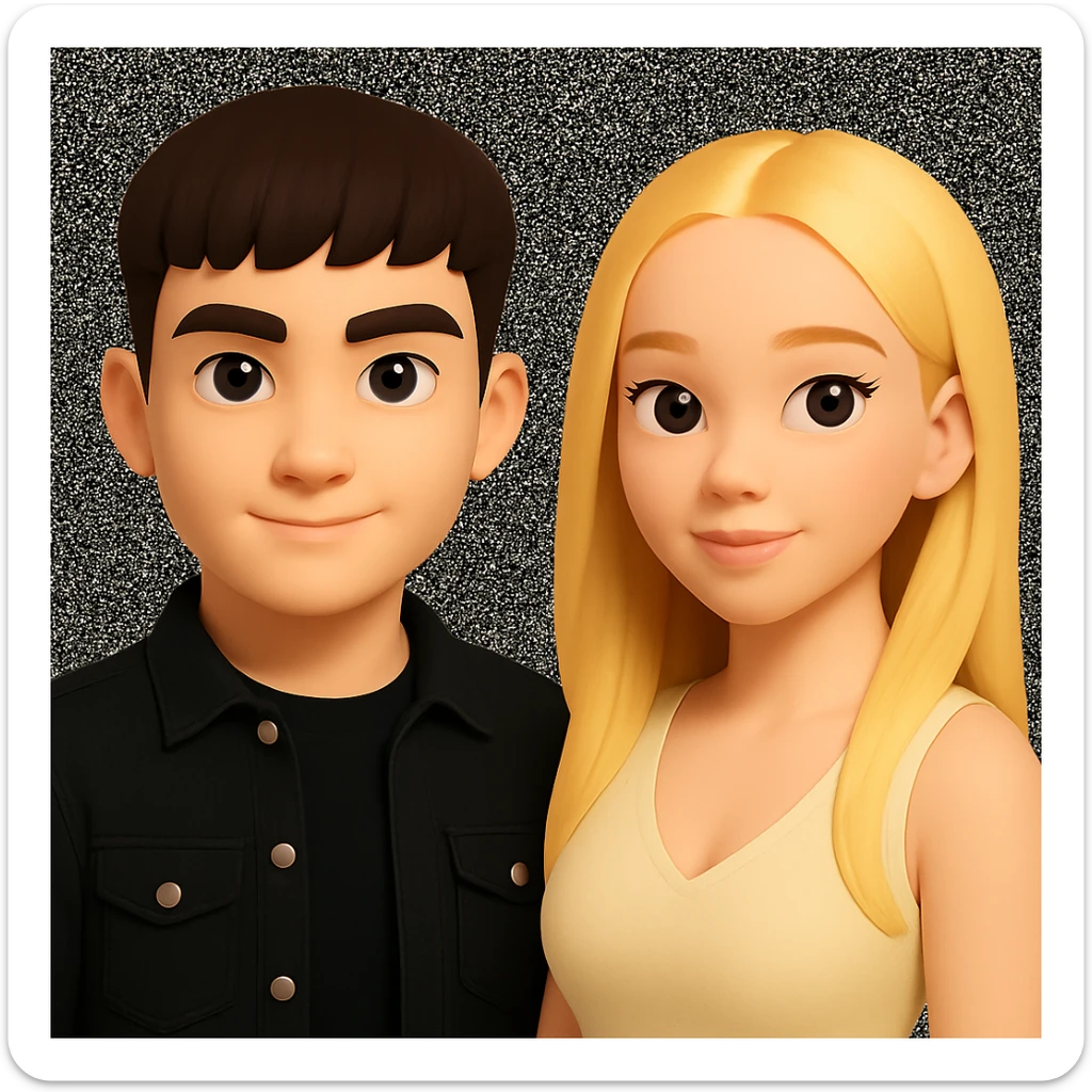 Slightly increase the volume of the upper body of the girl, separate the girl and the boy from each other, make the skin color the same for both characters, while preserving the cartoonish 3D style as shown in the reference image. sticker