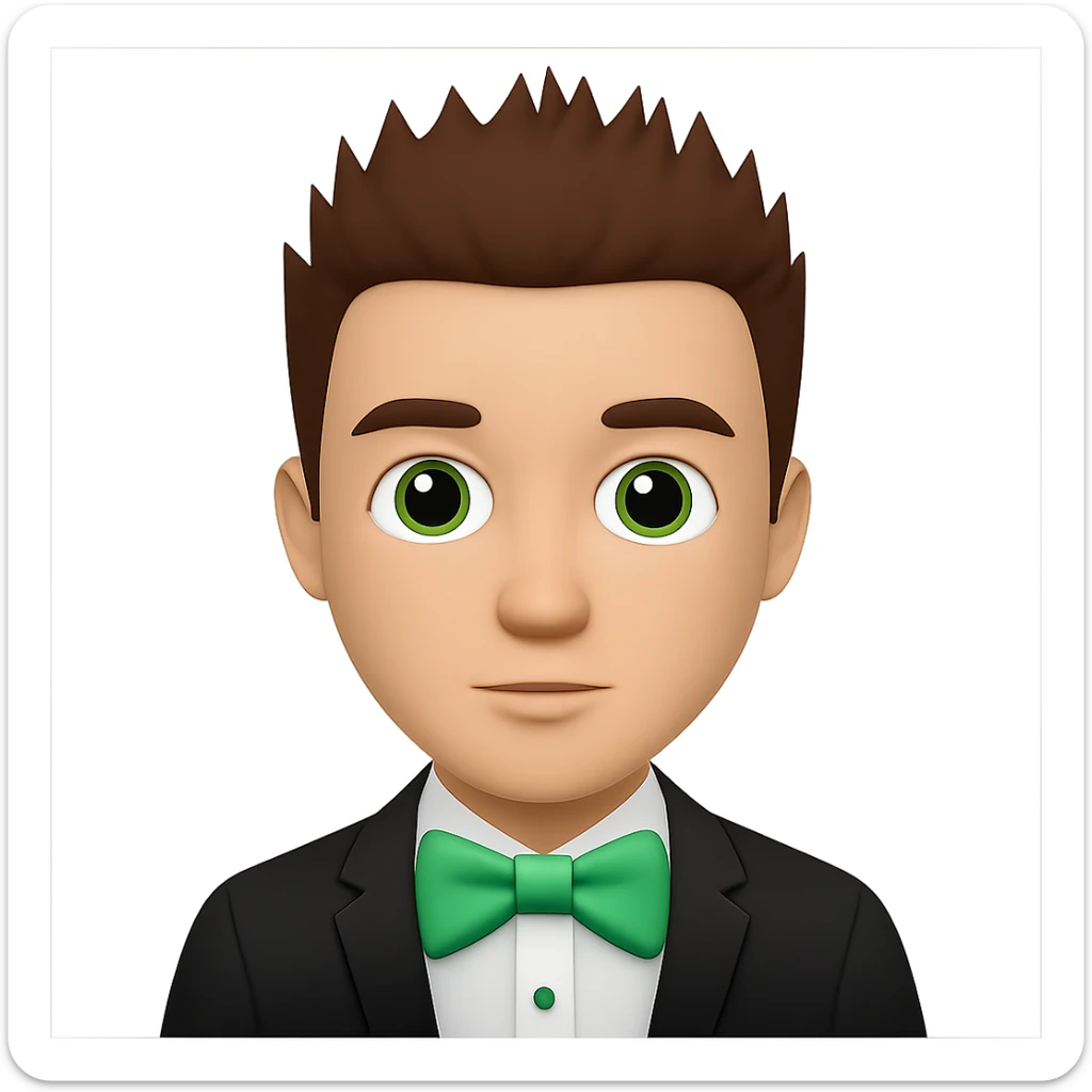 Change the man's hair to short spiky hair, keep the man with green bow tie, in apple emoji style, with no background. sticker