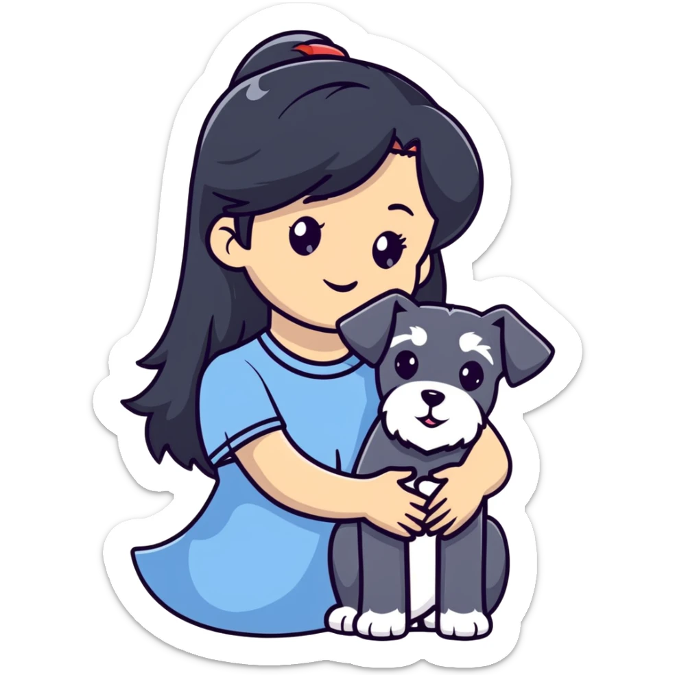 girl with long black hair holding a Schnauzer dog sticker
