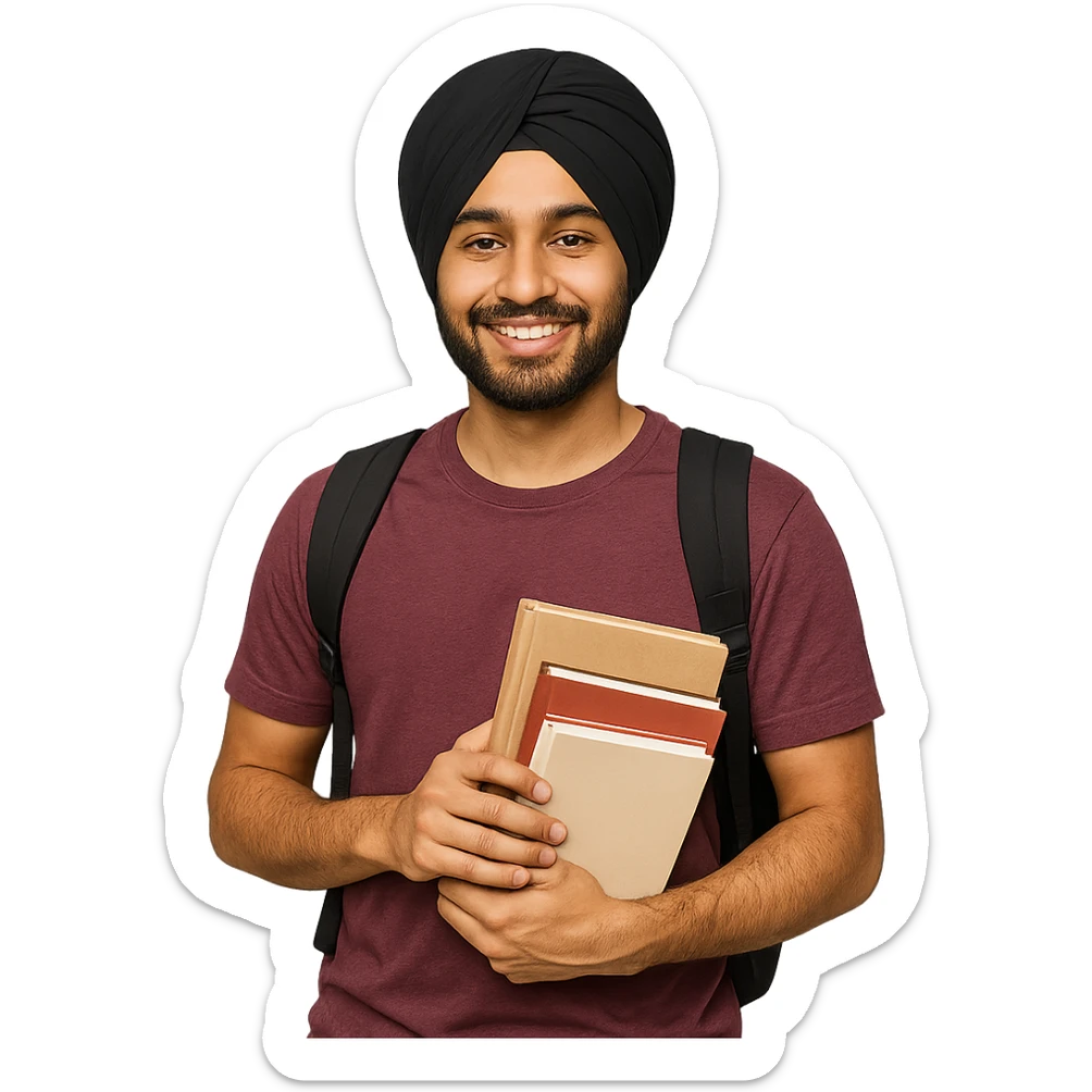 university sikh boy wearing a turban and casual student outfit, holding books, friendly expression sticker