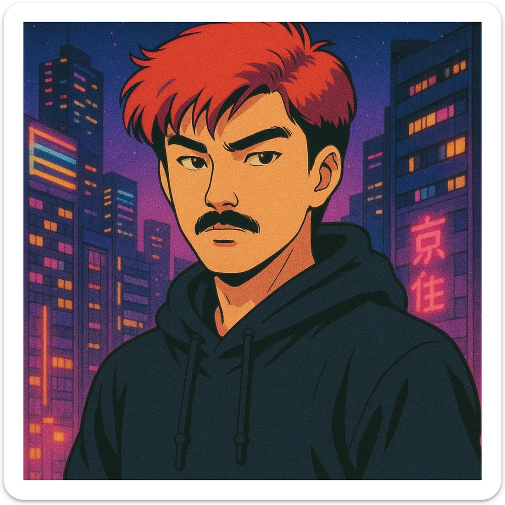 Asian man with black mustache, red hair, black hoodie, in retro-futuristic 80's anime style, city lights background sticker
