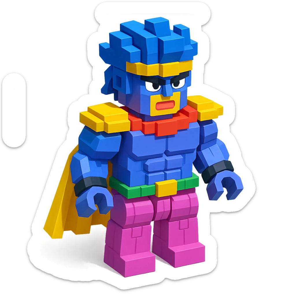 Stand Star Platinum from JoJo's Bizarre Adventure Season 3, as a LEGO minifigure, muscular build, blocky LEGO style, vivid colors sticker