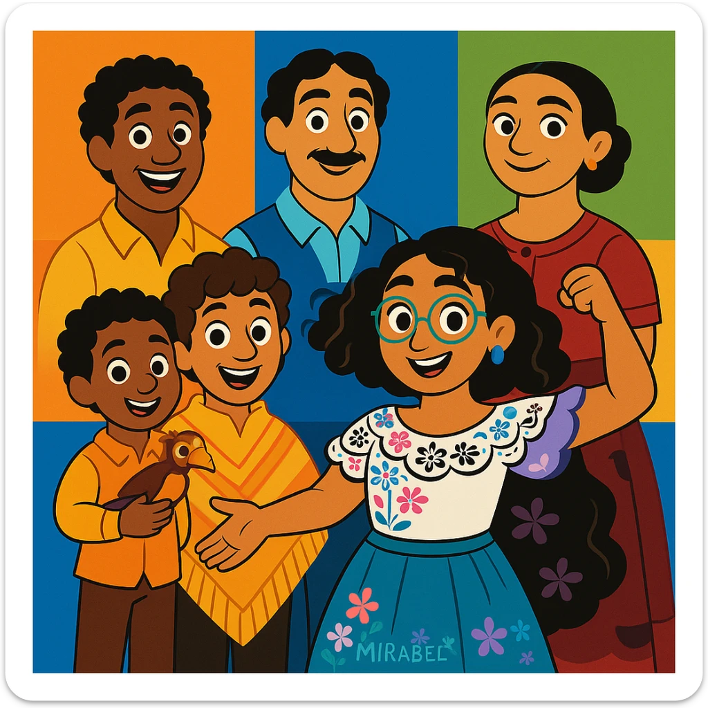 Edit the Encanto family portrait to remove Bruno, keep the rest of the family together, vibrant cartoon style, no Bruno, keep background and magical atmosphere. sticker