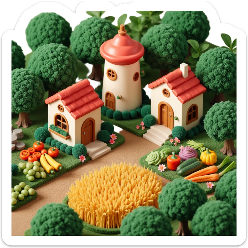 Exterior view of a whimsical jungle farm with cookie-factory-style buildings nestled in lush vegetation, wheat fields and colorful vegetables growing from rich soil, surreal atmosphere, no robots, emoji-style sticker