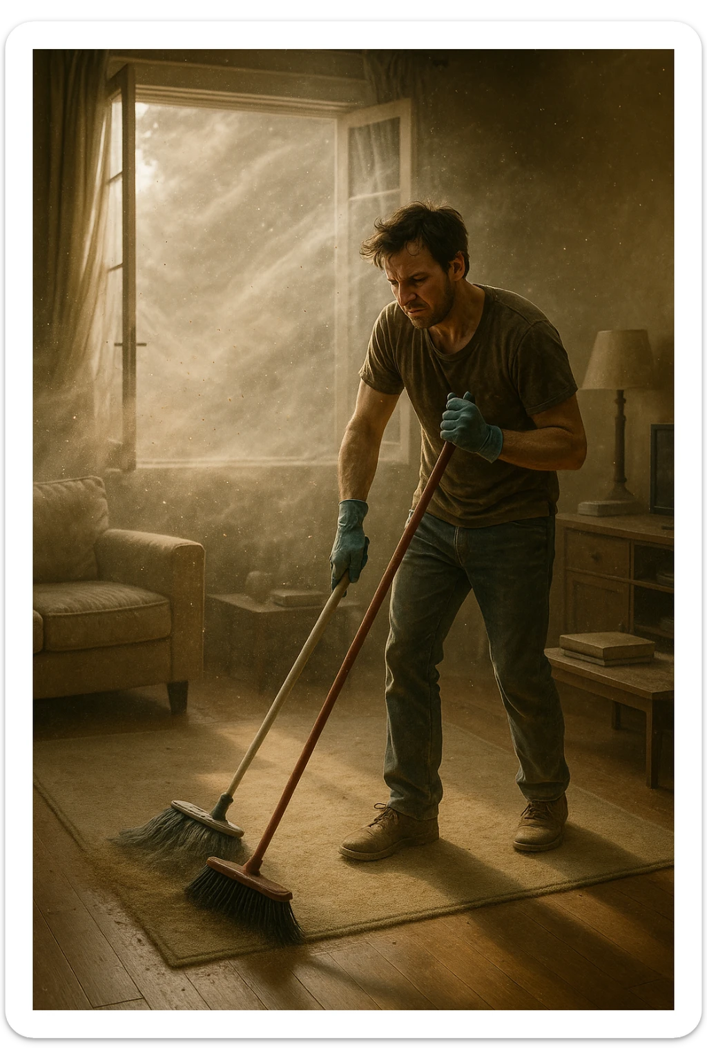 A realistic, cinematic image of a person cleaning a living room with a mop and broom, windows wide open letting in a strong gust of wind. Through the open windows, thick clouds of dust, pollen, and small debris visibly swirl into the room, floating in sunbeams that highlight the particles in the air. The person looks frustrated and tired, mid-action sweeping but clearly battling the incoming dust. Around the room, some furniture and surfaces already show a thin layer of dust settling. The scene is bathed in natural daylight with a slightly hazy atmosphere due to the airborne dust. The color palette uses warm, muted tones emphasizing the contrast between cleanliness efforts and the stubborn dirt and dust invading the space. The focus is on the tension between trying to clean and the unavoidable mess coming in from outside. sticker