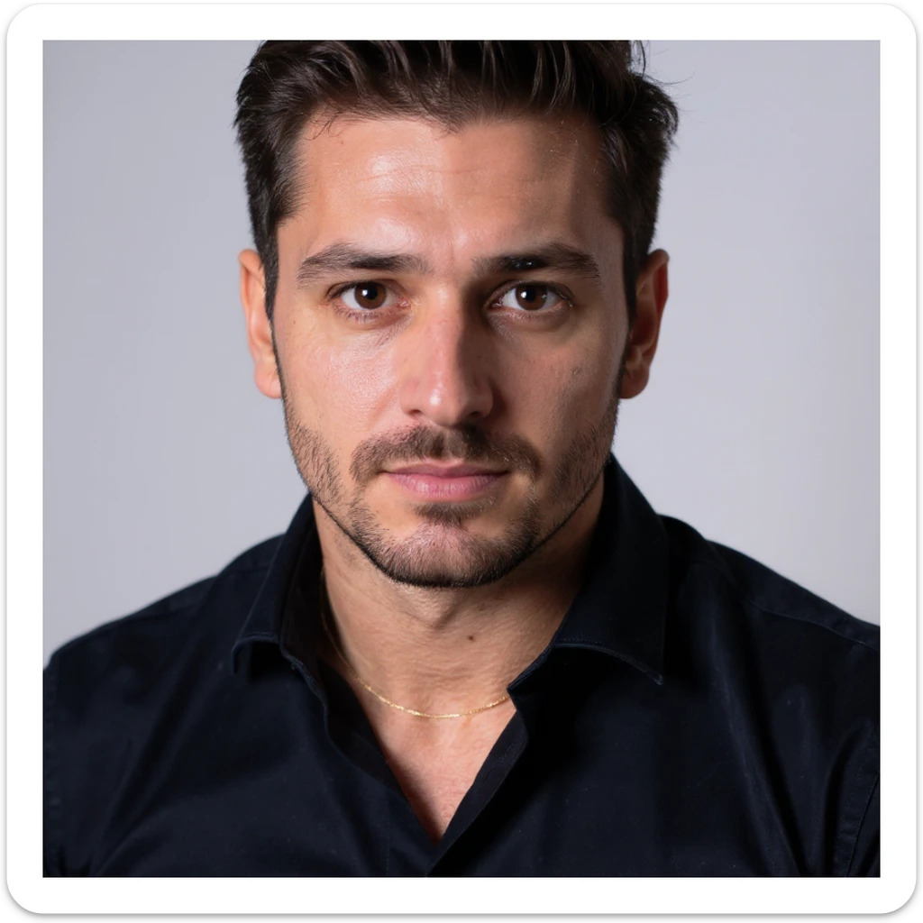 Vertical portrait of a man's face in a realistic professional photography style. The gaze is determined with warm light illuminating the face. Include symbols of purification and rebirth. The atmosphere conveys strength and regeneration during fasting. sticker