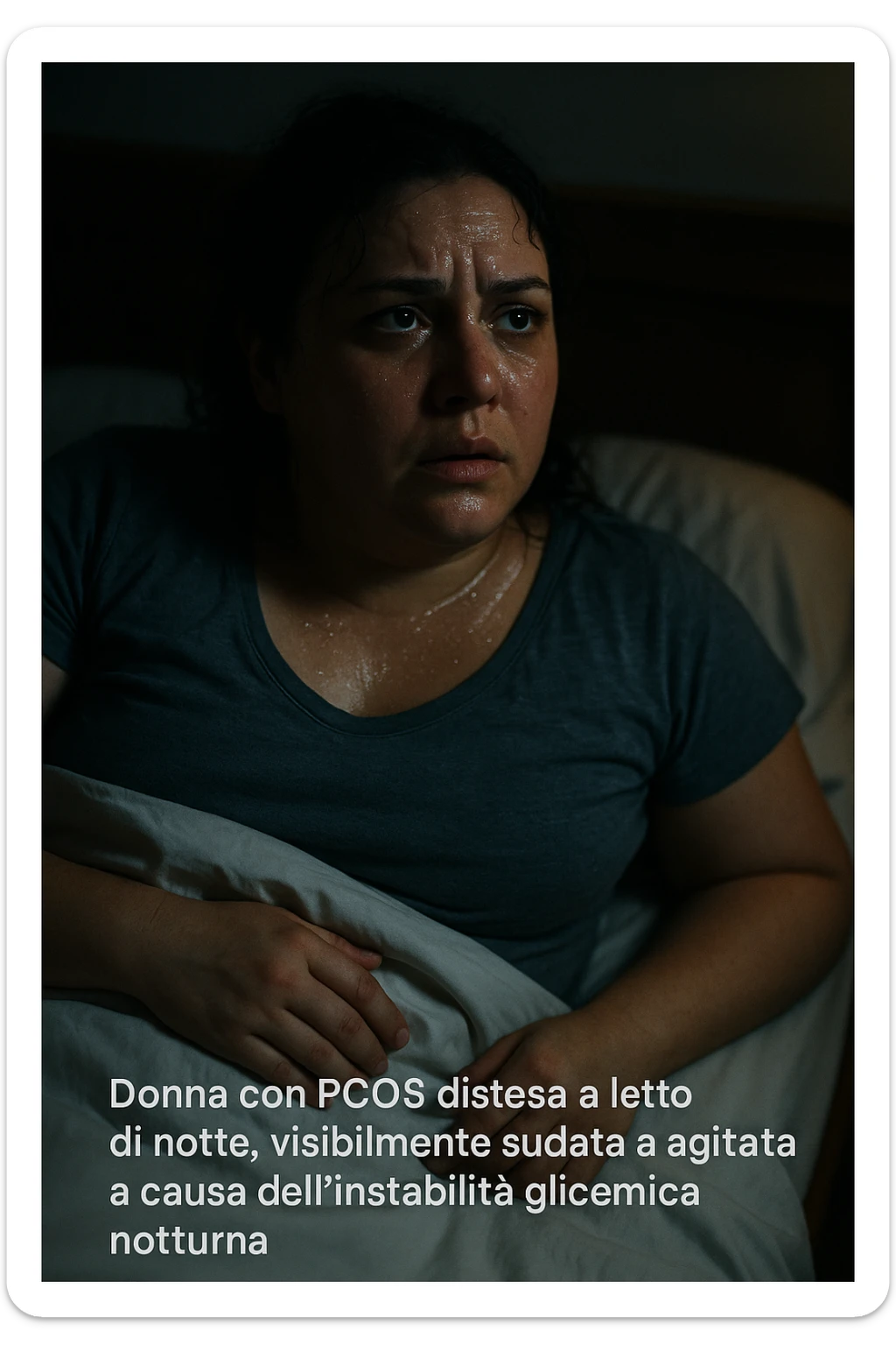 realistic and cinematic style image of a woman with PCOS in bed at night, visibly sweaty and agitated due to nocturnal glycemic instability, nighttime atmosphere, detailed realism, Italian captions, vertical 2:3 format sticker