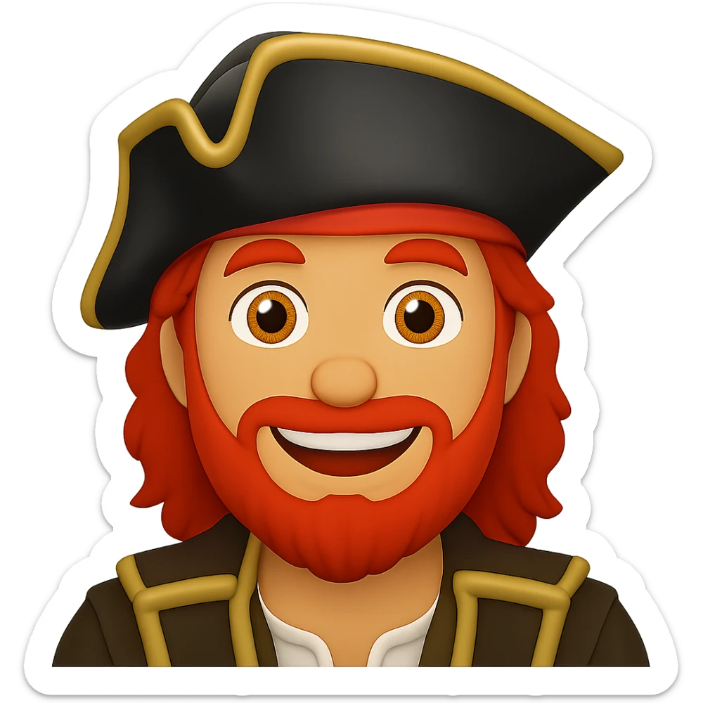 Edit the pirate emoji to be a male with red hair and a red beard, smiling. Keep the pirate hat and outfit. The style should resemble emoji style with a transparent background. sticker