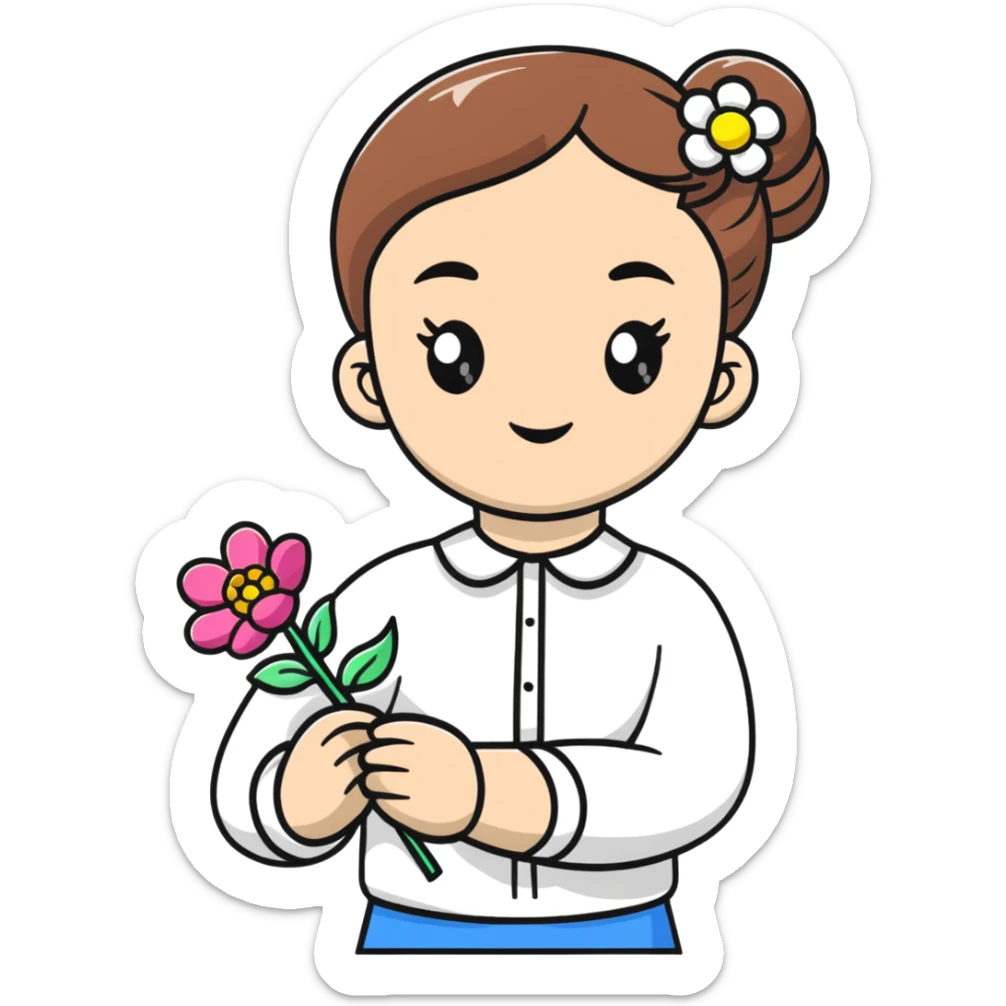 Ukrainian young girl in white embroidered shirt holding colored paper and a flower sticker