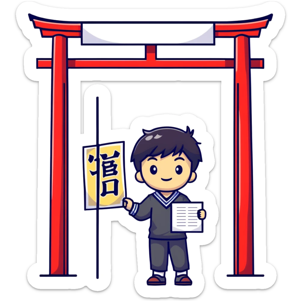 Japanese high school boy welcoming visitors with poster at cultural festival entrance sticker