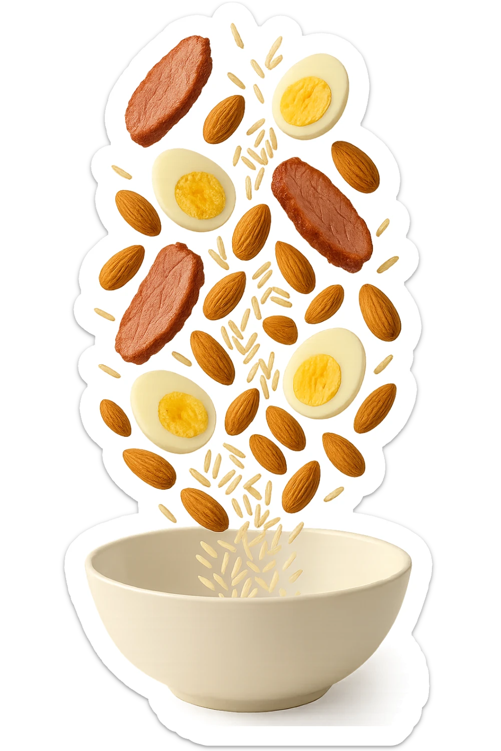 bowl bianca in cui cadono verticalmente fettine di carne, uova sode, mandorle e riso basmati sticker
