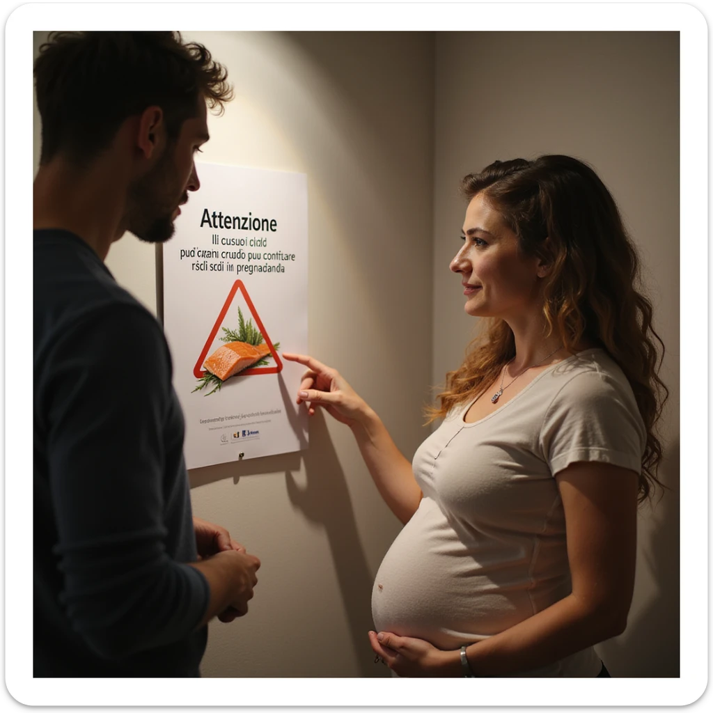 realistic pregnant woman in 4K pointing to a sign that says: 'Attenzione il consumo di salmone crudo puo comportare rischi in gravidanza' to a friend sticker