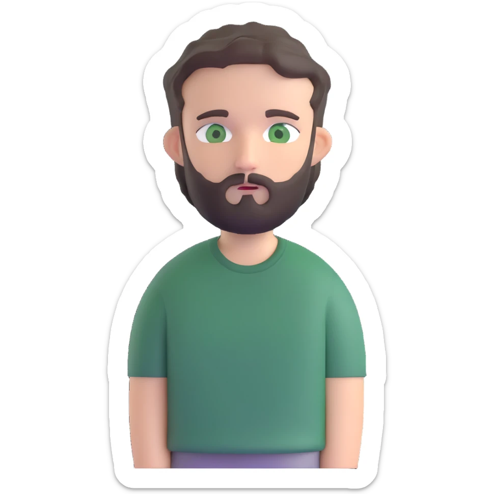 white man with dark messy short hair, dark green eyes, gray t-shirt, and short beard sticker